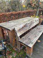 Houten tuintafel 240x90cm met bankjes, Tuin en Terras, Picknicktafels, Ophalen, Gebruikt, Rechthoekig, Hout