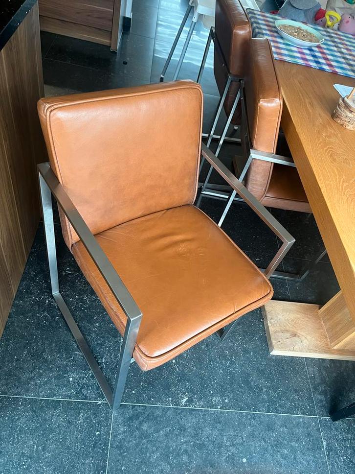 6 leren Montel stoelen met stalen frame, Huis en Inrichting, Stoelen, Gebruikt, Vijf, Zes of meer stoelen, Leer, Bruin, Ophalen