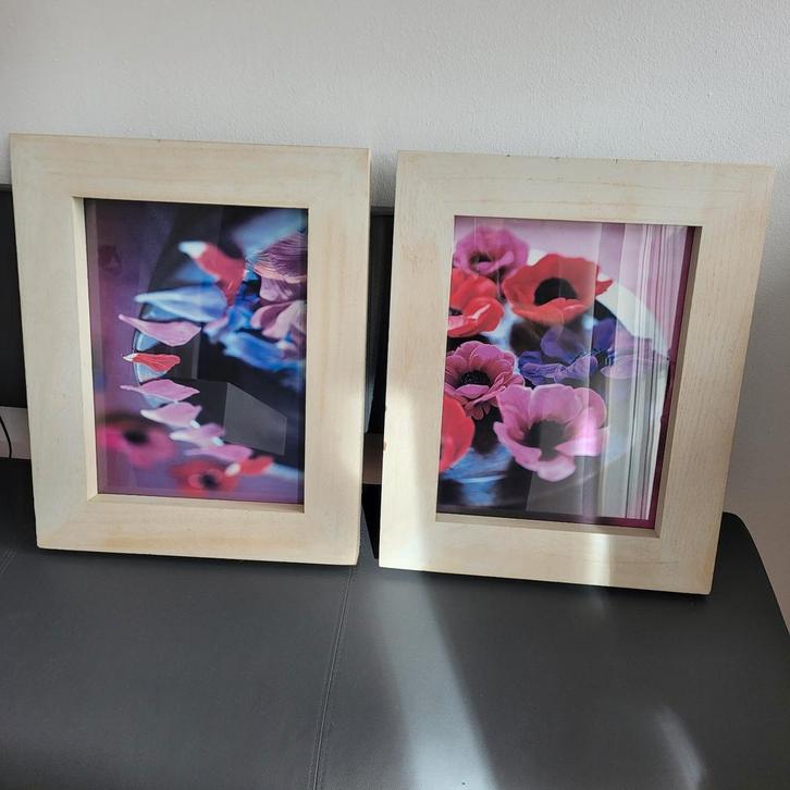 Twee ingelijste bloemenfoto's, Huis en Inrichting, Woonaccessoires | Schilderijen, Tekeningen en Foto's, Schilderij, Minder dan 50 cm