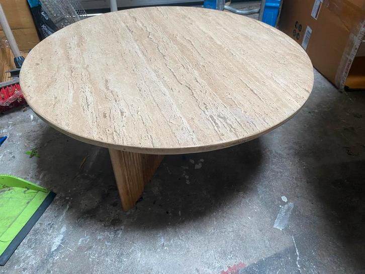 Salontafel Travertin met Mango Hout Poot - 79cm, Huis en Inrichting, Tafels | Salontafels, Nieuw, Minder dan 50 cm, 50 tot 100 cm