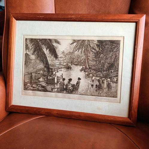 Dirk Homberg (1885-1952), ets,  Bali, Indonesië, rivier, Antiek en Kunst, Kunst | Litho's en Zeefdrukken, Ophalen of Verzenden