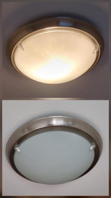 Ronde RVS plafondlamp met matte glazen kap (melkglas)  beschikbaar voor biedingen