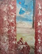 Schilderij van een landschap door een raam, Ophalen of Verzenden