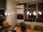 Rvs hanglamp met melkglazen kelkjes, Huis en Inrichting, Lampen | Hanglampen, Glas, Zo goed als nieuw, Ophalen