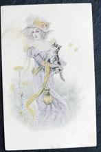 Poes op haar arm kijkt naar de fladderende vlinders, Verzenden, Voor 1920, Ongelopen, Hond of Kat