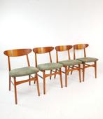 4 vintage stoelen Deens opnieuw gestoffeerd groene rib, Hout, Overige kleuren, ., Ophalen of Verzenden