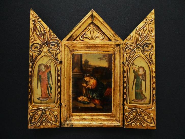 Drieluik Icoon Aanbidding Christus kind kerst triptiek, Antiek en Kunst, Antiek | Religie, Ophalen of Verzenden