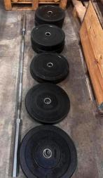 140kg Bumperplates + Olympisch Barbell 220cm, Ophalen, Gebruikt, Halterschijven