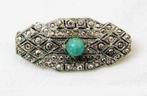 Ovale zilverkleurige broche markasietenlook, turquoise steen, Sieraden, Tassen en Uiterlijk, Broches, Ophalen, Zo goed als nieuw