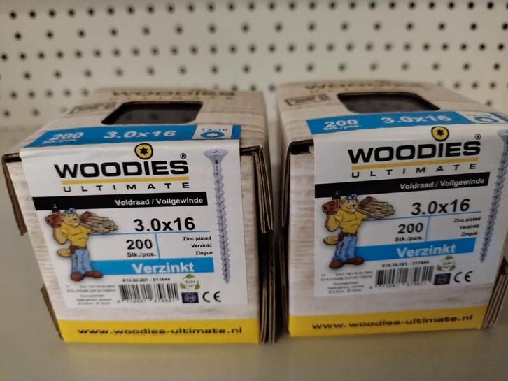 Woodies schroeven te koop 3x16 3x20  (200st incl bitje), Doe-het-zelf en Verbouw, IJzerwaren en Bevestigingsmiddelen, Nieuw, Schroeven