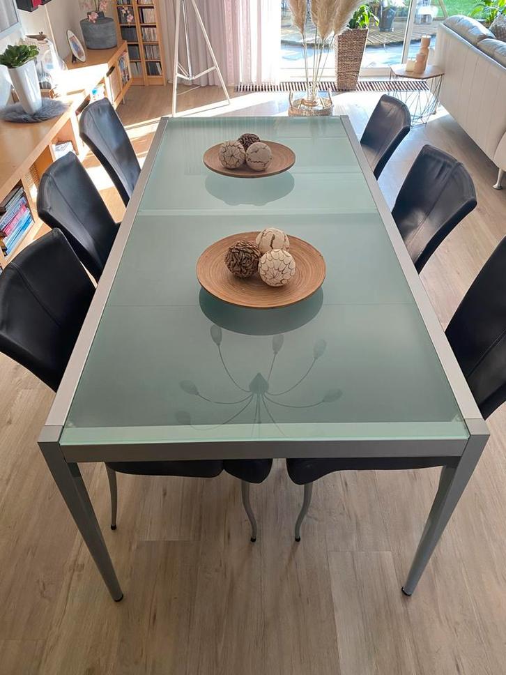 Eethoek met 6 leren stoelen, Huis en Inrichting, Tafels | Eettafels, Gebruikt, 50 tot 100 cm, 150 tot 200 cm, Vijf personen of meer