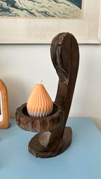 Vintage unieke folkart religieuze kandelaar houtsnijwerk, Ophalen of Verzenden