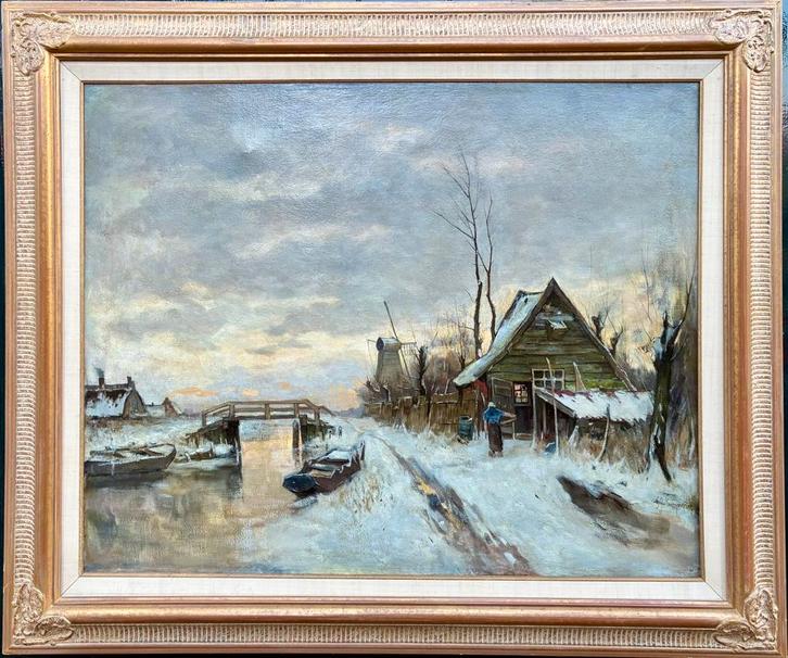 “Winterse avondstemming” G.J Roermeester (1844-1936), Antiek en Kunst, Kunst | Schilderijen | Klassiek, Ophalen
