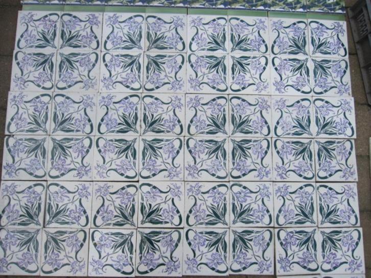 52 Antieke jugendstil wandtegels groene/lila afbeelding, Antiek en Kunst, Antiek | Wandborden en Tegels, Ophalen