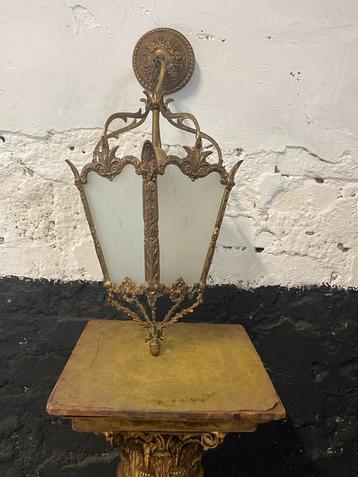 Antieke vintage hanglamp messing geëtst glas beschikbaar voor biedingen