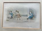 Ingelijste antieke ingekleurde prent. Spelende kinderen., Antiek en Kunst, Ophalen