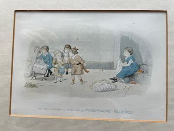 Ingelijste antieke ingekleurde prent. Spelende kinderen. beschikbaar voor biedingen