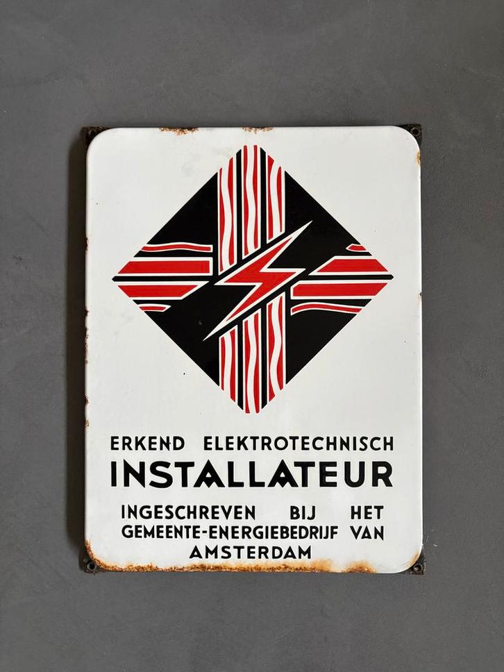 Emaille  bord - Elektrotechnisch Installateur Amsterdam, Verzamelen, Merken en Reclamevoorwerpen, Gebruikt, Reclamebord, Verzenden