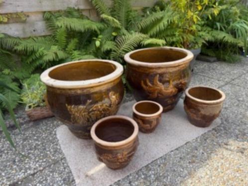 Bloempotten Indonesische, Tuin en Terras, Bloempotten, Gebruikt, Aardewerk, Binnen, Balkon, Tuin, 40 tot 70 cm, 25 tot 40 cm, Rond