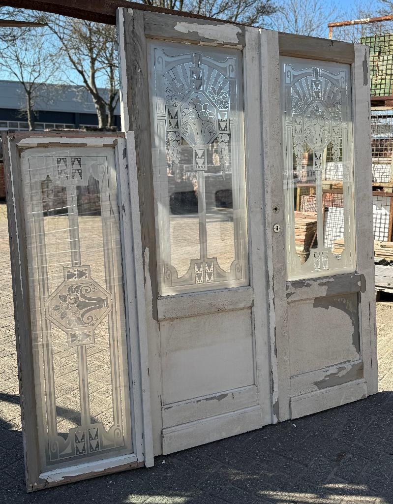 Set antieke openslaande deuren met geëtst glas en bovenlicht, Ophalen of Verzenden