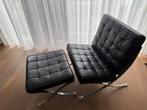 ‘Barcelona’  design chair inclusief hocker - zwart leer, Huis en Inrichting, Fauteuils, Ophalen, Gebruikt, Leer, Barcelona
