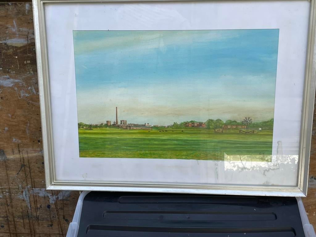 Schilderij van Hollands Landschap met Fabriek en Molen, Ophalen of Verzenden