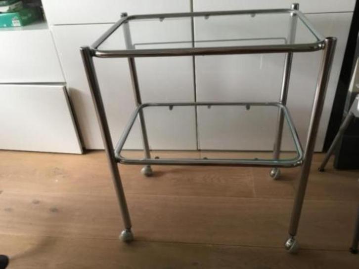 Vintage design/glazen tafel serveerwagen/tafel/bijrijder, Huis en Inrichting, Keuken | Keukenbenodigdheden, Gebruikt, Ophalen of Verzenden