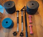 Halterset met gewichten en hand dumbbells, Sport en Fitness, Fitnessmaterialen, Ophalen of Verzenden, Gebruikt, Benen, Halterset