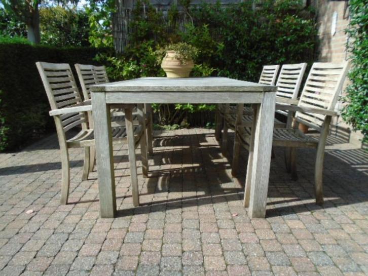 grote vergrijsde teakhouten tuinset, tafel 210cm + 6 stoelen, Tuin en Terras, Tuinsets en Loungesets, Gebruikt, Tuinset, Teakhout