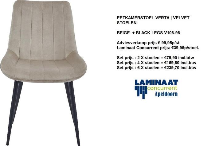 Eetkamer stoel €39,95p/st. Velvet Beige V108-98, Huis en Inrichting, Stoelen, Nieuw, Vijf, Zes of meer stoelen, Metaal, Stof, Wit
