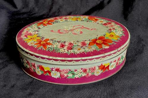 Leuk oud blik trommel Carr & Co. bloemen, kleurrijk, vintage, Verzamelen, Blikken, Gebruikt, Overige, Overige merken, Ophalen of Verzenden