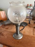 Vintage Tinnen Tafellamp met Glazen Kap, Ophalen of Verzenden, Gebruikt, Glas, 50 tot 75 cm