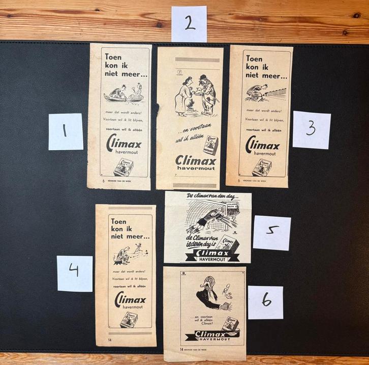 6 advertenties ‘Climax havermout’ (1946-1948), Verzamelen, Tijdschriften, Kranten en Knipsels, Knipsel(s), 1940 tot 1960, Ophalen of Verzenden
