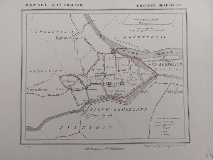 64 / Litho door J. Kuyper uit 1867 van Hekelingen ZH, Antiek en Kunst, Kunst | Litho's en Zeefdrukken, Ophalen of Verzenden
