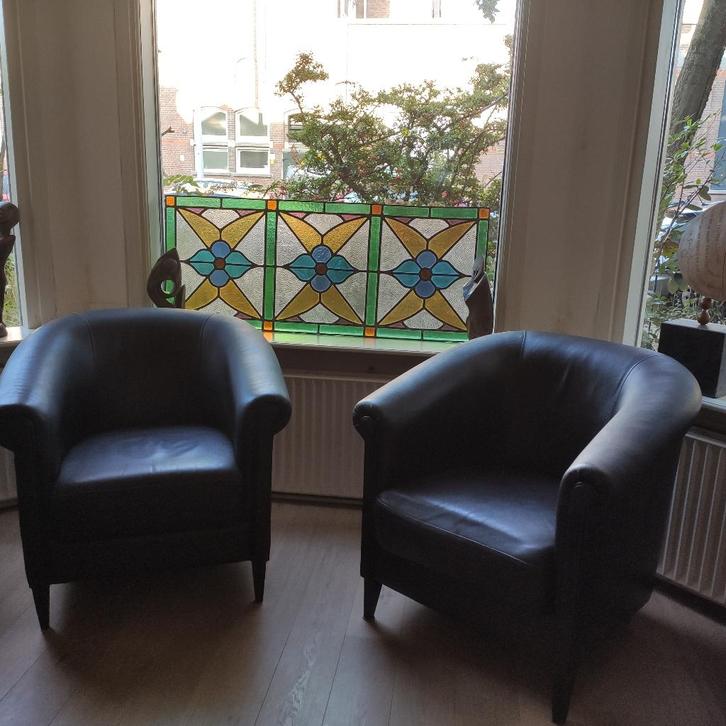 Bruine Lederen Club Fauteuils, Huis en Inrichting, Fauteuils, Gebruikt, Hout, Leer, 50 tot 75 cm, 75 tot 100 cm, Ophalen