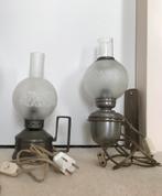 Twee prachtige tinnen lampen met bewerkte glazen kap, Ophalen, Zo goed als nieuw, Overige materialen, Past in ieder interieur