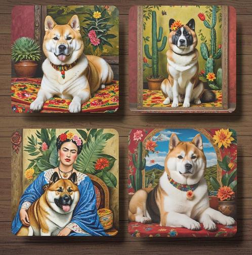Akita Frida Kahlo onderzetters met houder, Huis en Inrichting, Woonaccessoires | Onderzetters, Nieuw, Glas of Kopje, Ophalen of Verzenden