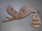 Houten Ooievaar met Geboortegegevens - Laser Gesneden, Verzenden, Nieuw, Wanddecoratie