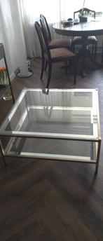 Messing met glazen salontafel, Huis en Inrichting, Tafels | Salontafels, 50 tot 100 cm, Minder dan 50 cm, Gebruikt, Rechthoekig