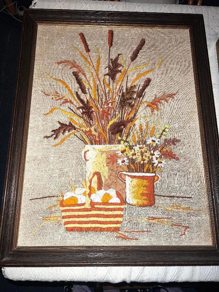 Sfeervol Vintage Handgeborduurd Wandpaneel - Herfstboeket, Antiek en Kunst, Kunst | Schilderijen | Klassiek, Ophalen of Verzenden