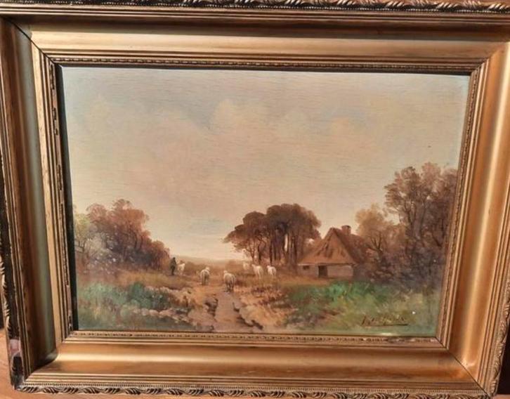 Schilderij: Landschap met schapen en huis, Antiek en Kunst, Kunst | Schilderijen | Klassiek, Ophalen of Verzenden