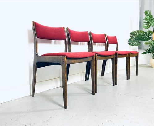 Deens design stoelen set 4 Johannes Andersen jaren 50/60, Huis en Inrichting, Stoelen, Gebruikt, Vier, Hout, Stof, Bruin, Ophalen