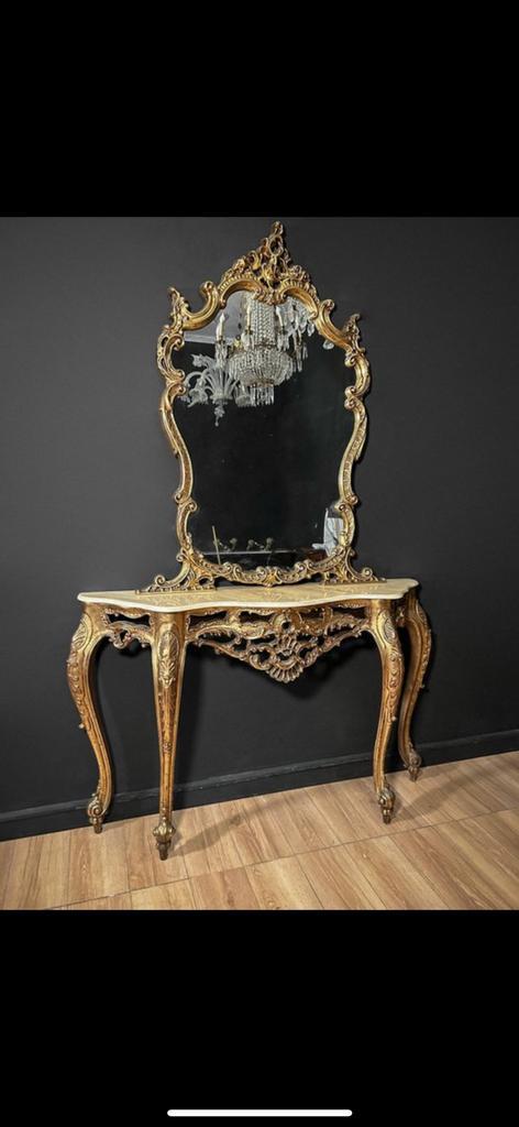 Exclusieve Venetiaanse Console met Spiegel – Handgesneden, Huis en Inrichting, Tafels | Sidetables, Gebruikt, 25 tot 50 cm, Rechthoekig