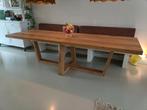 Eiken eettafel met eetkamerbank en rugkussens, Ophalen, Eikenhout, 200 cm of meer, 50 tot 100 cm