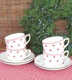 Set ( 4st.) oude kop en schotels “Wit met rode stippen”, Antiek en Kunst, Curiosa en Brocante, Ophalen of Verzenden