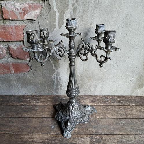 Oude brocante tinnen kandelaar 5-arms hoogte 31cm *Etage3*, Huis en Inrichting, Woonaccessoires | Overige, Gebruikt, Ophalen of Verzenden