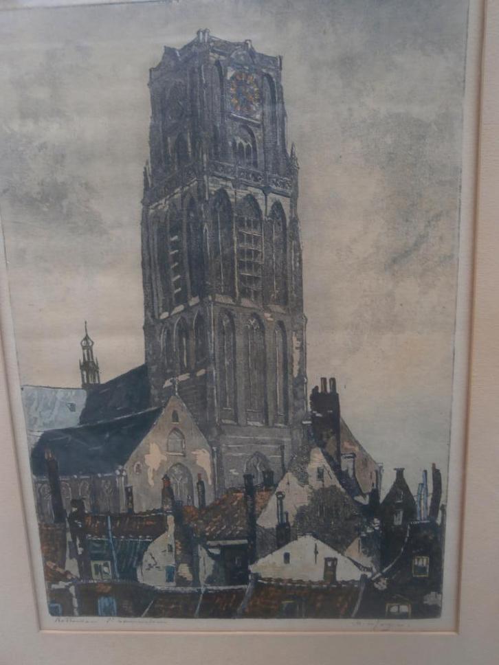 Marius De JONGERE (Drulman) Mooie gekl ets v/d Laurenskerk, Antiek en Kunst, Kunst | Etsen en Gravures, Ophalen of Verzenden