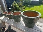 Geglazuurde stenen groene bloempotten voor buiten, 4 maten, Tuin en Terras, Bloempotten, 25 tot 40 cm, Steen, Rond, Ophalen of Verzenden