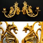 2 Wandkandelaars / pianokandelaars kandelaar met griffioen, Antiek en Kunst, Ophalen of Verzenden, Koper of Brons