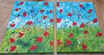 Tweeluik schilderij met klaprozen in kleurrijke bloemenweide, Nieuw, Ophalen of Verzenden, Schilderij, Minder dan 50 cm